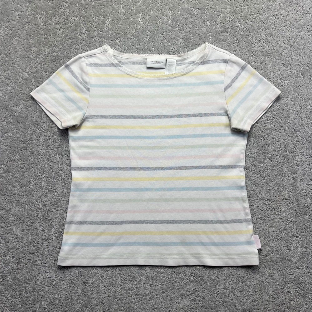 VINTAGE Liz Claiborne T-Shirt‎ Womens S Pastel Striped Short Sleeve Baby Tee Y2k